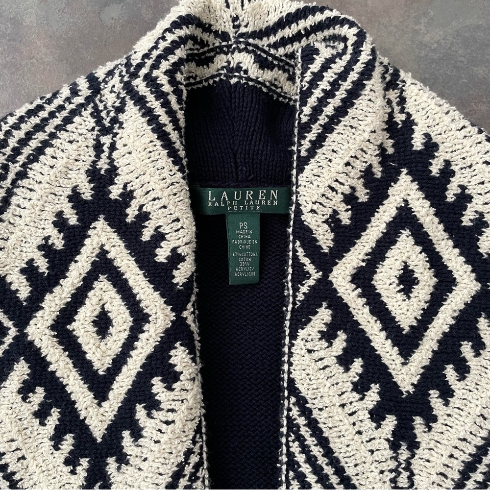 Lauren Ralph Lauren Navy Blue Boho Aztec Knitted Southwest Cardigan Petite Small - Picture 3 of 5